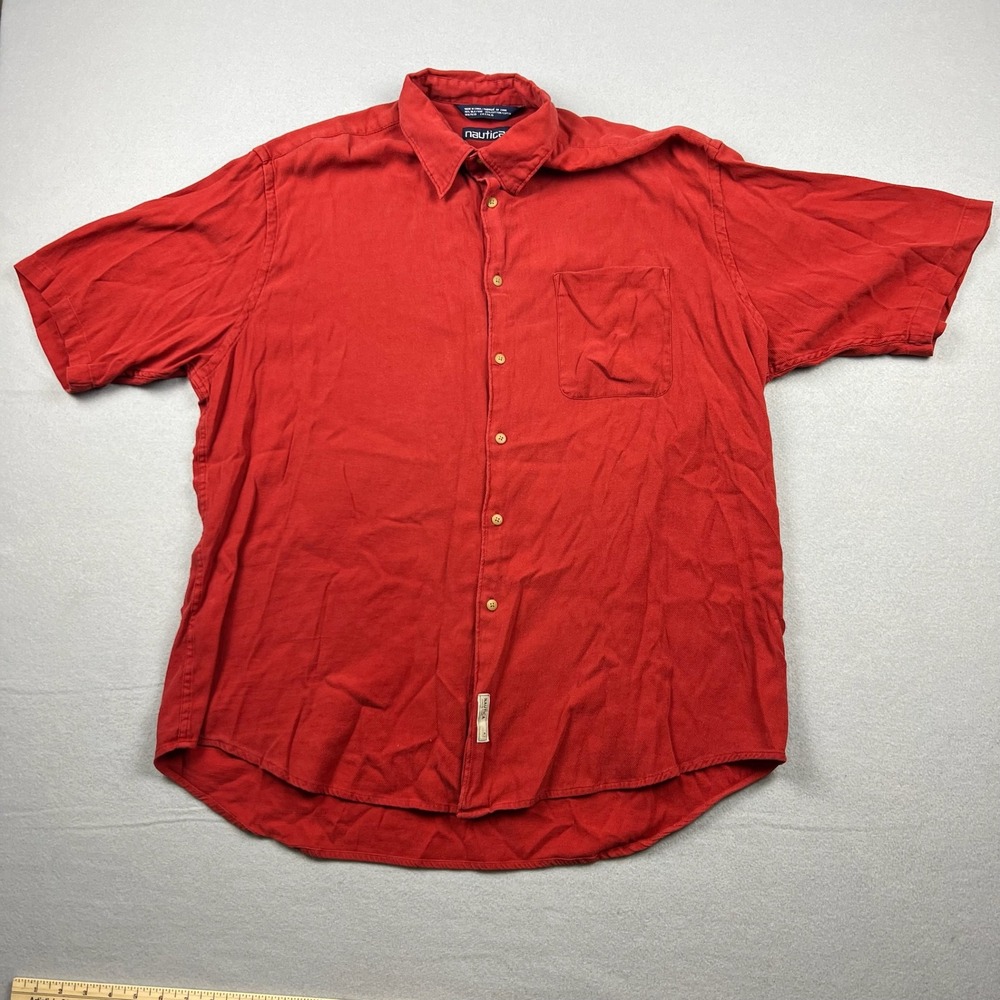 Vintage Nautica Mens XL Red Silk Blend Short Sleeve Button Up Pocket Shirt Y2K